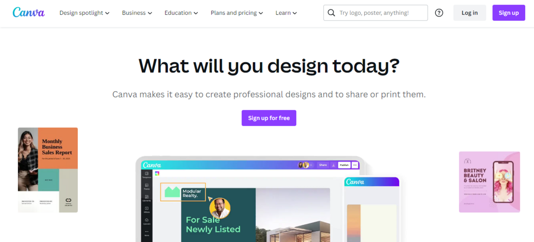 Canva homepage inviting users to design and share professional projects online.
