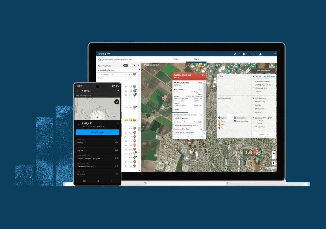 Mobile and laptop screens displaying a geographic information system interface.