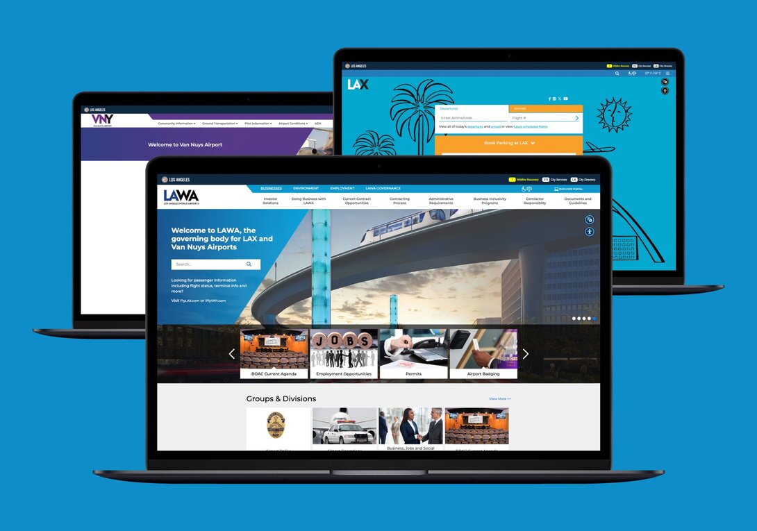 Three laptops displaying Los Angeles airport websites on a blue background.