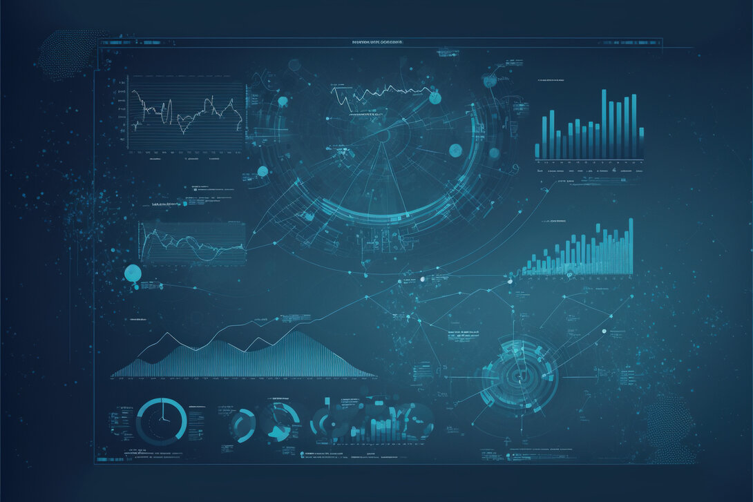 Futuristic digital dashboard with data analytics graphs and charts.