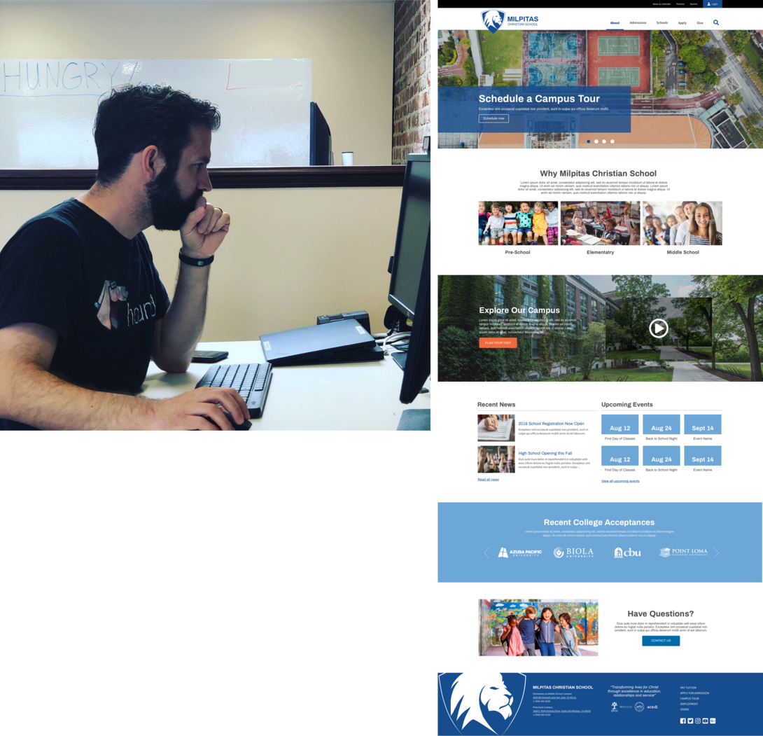 Man working at computer next to website design for Milpitas Christian School.