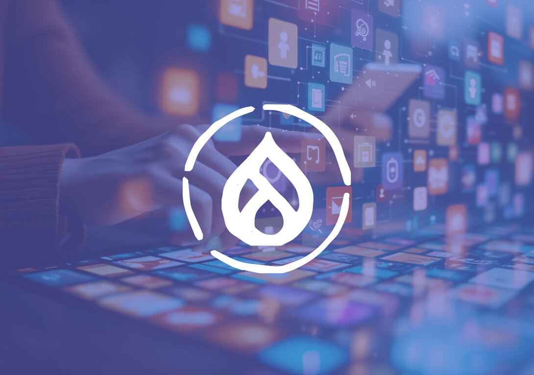 Hands interacting with digital icons and a Drupal logo overlay.