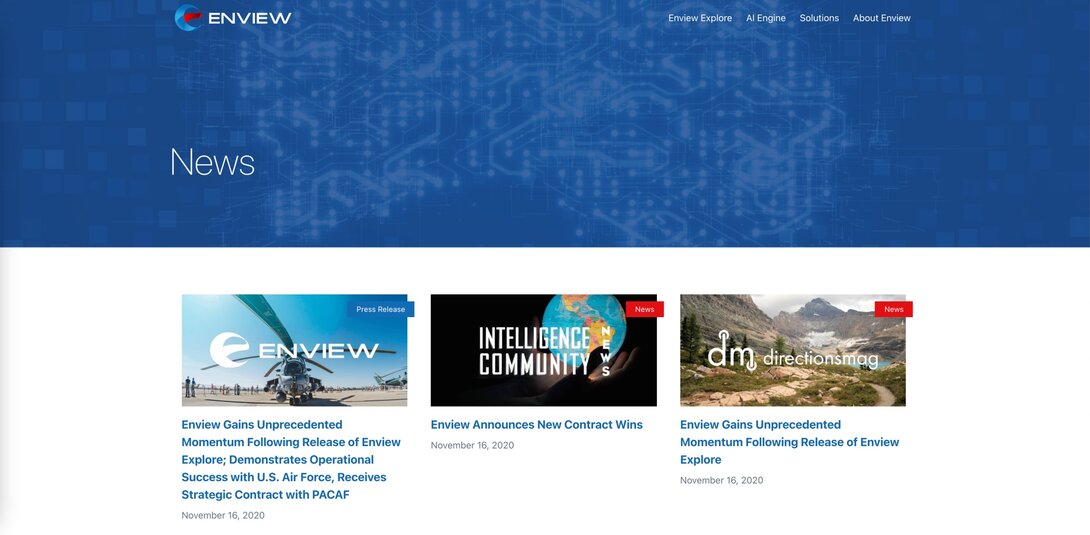 Enview news page showcasing recent announcements and contract wins.
