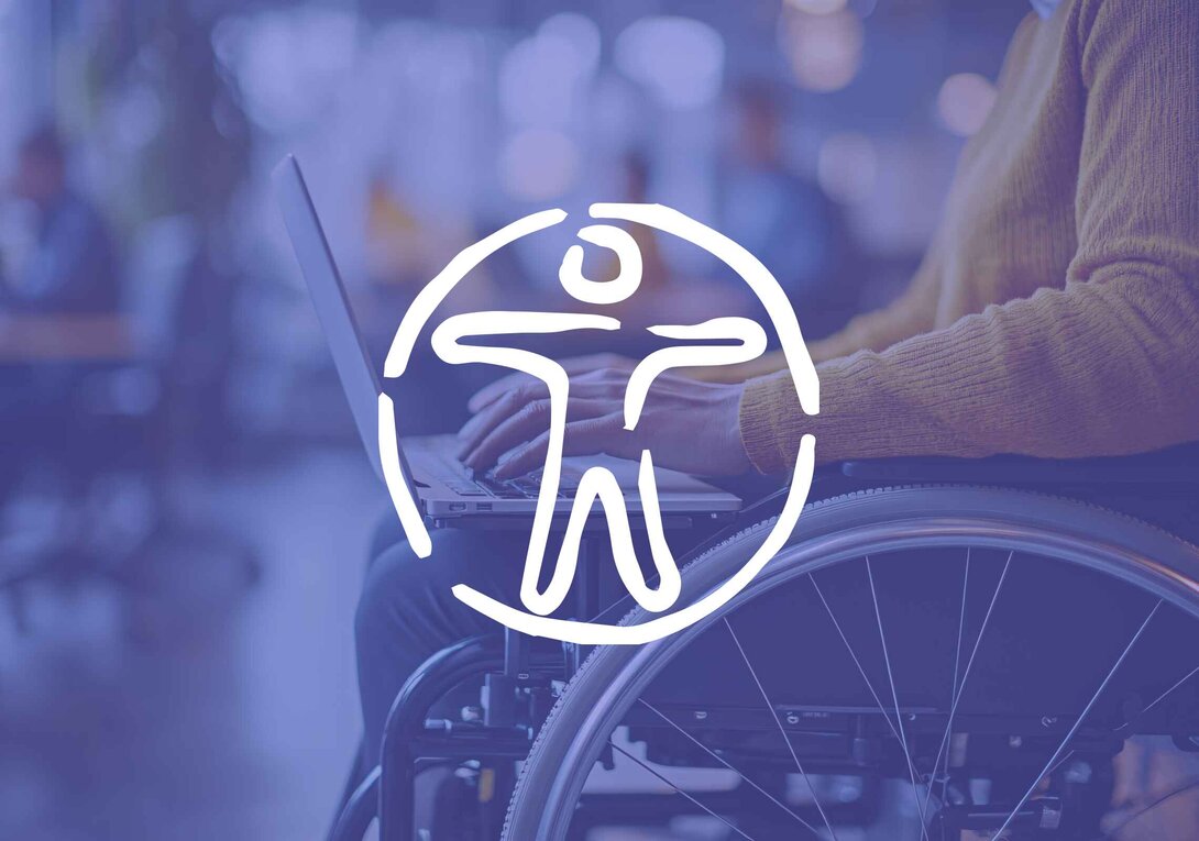 Person in wheelchair using laptop with accessibility icon overlay.