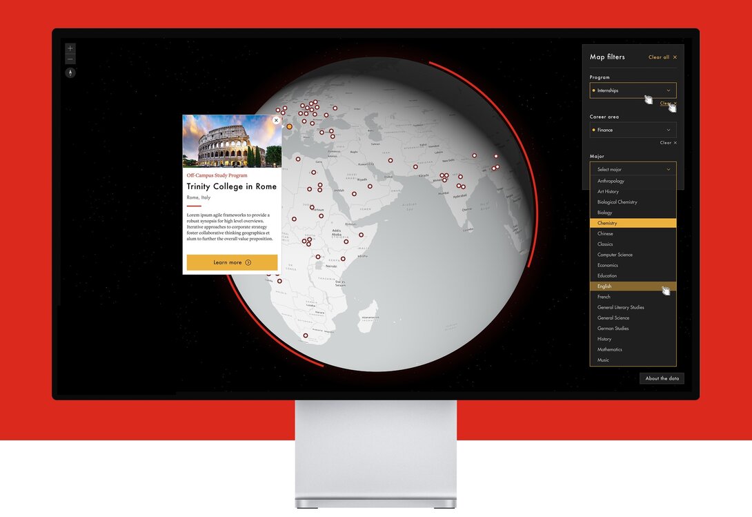 Interactive map showing study programs, with a focus on Trinity College in Rome.