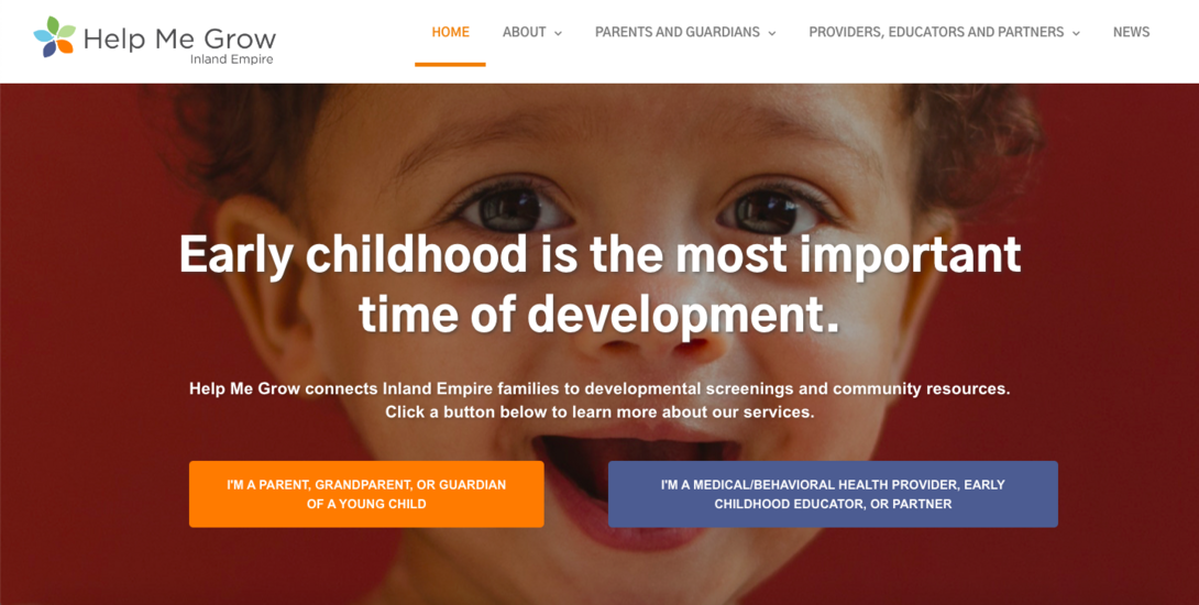 "Help Me Grow Inland Empire homepage highlighting early childhood development."