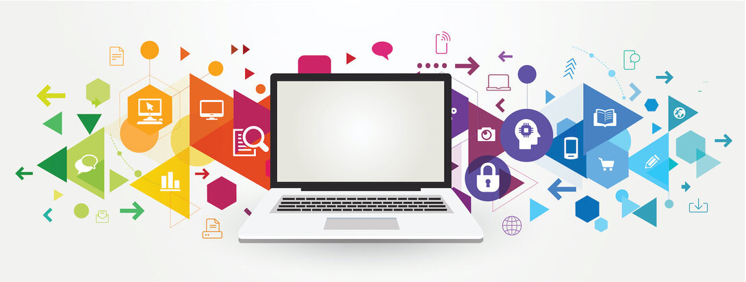 Laptop with colorful digital icons representing technology and communication.