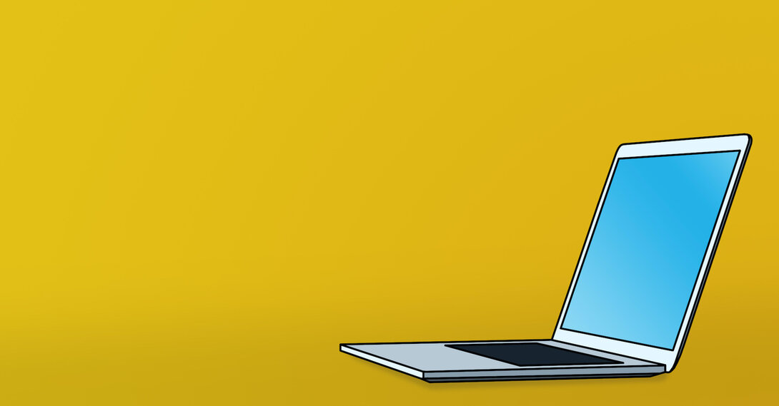Cartoon laptop with blue screen on yellow background.