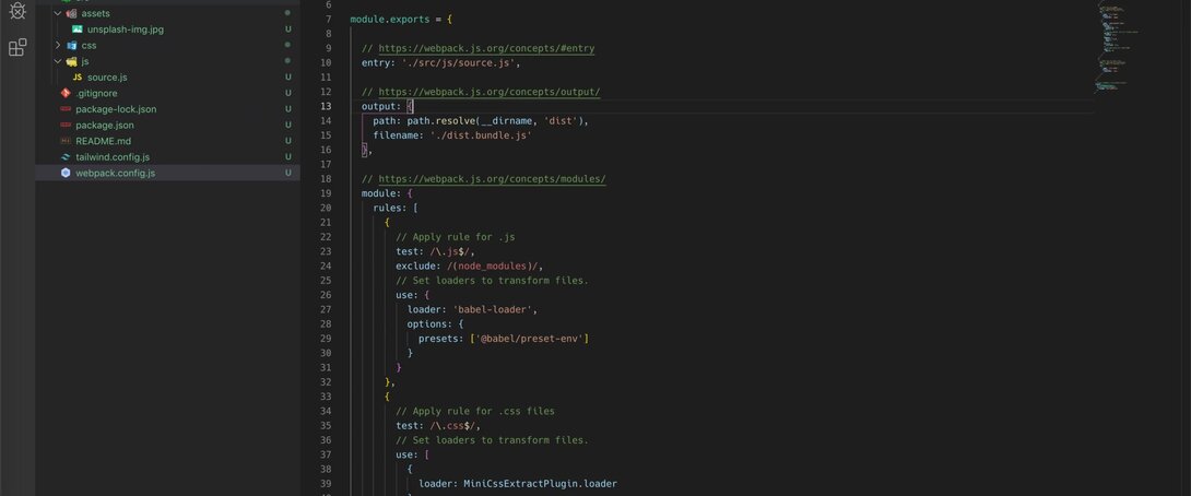 Visual Studio Code with open webpack.config.js for project setup.