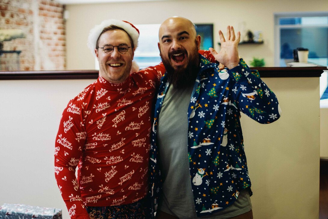 hounder web designer and web developer dressed for christmas gift exchange