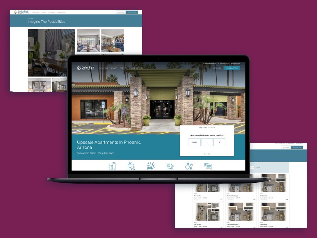 Laptop displaying website for upscale apartments in Phoenix, Arizona.