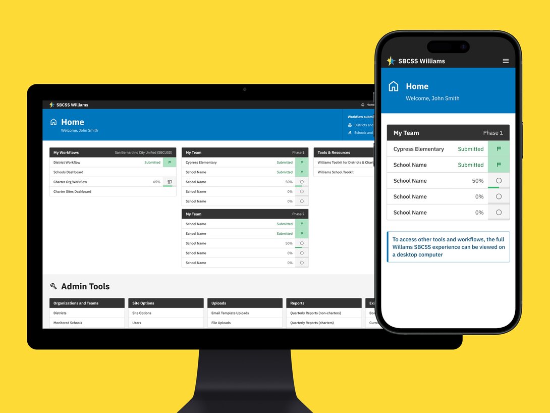 SBCSS Williams dashboard displaying workflows on desktop and mobile screens.