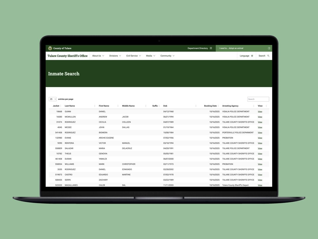 Laptop displaying Tulare County Sheriff's Office inmate search page.