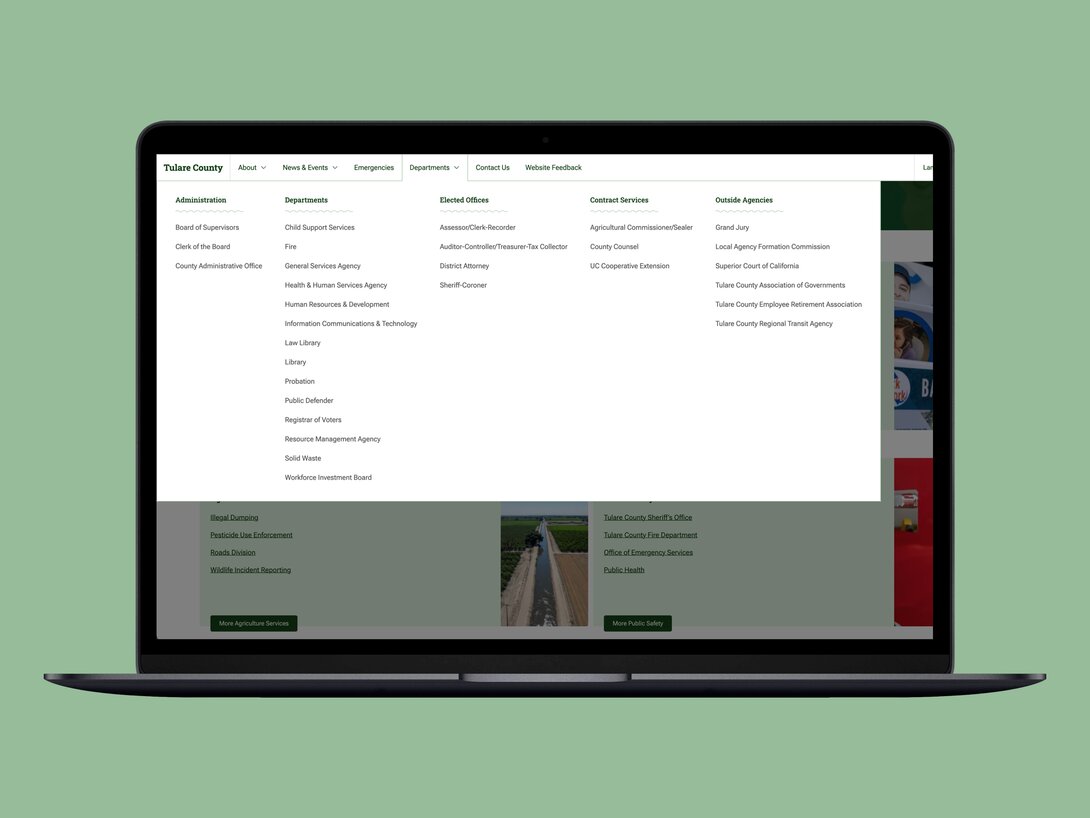 Tulare County government services menu displayed on a laptop screen.
