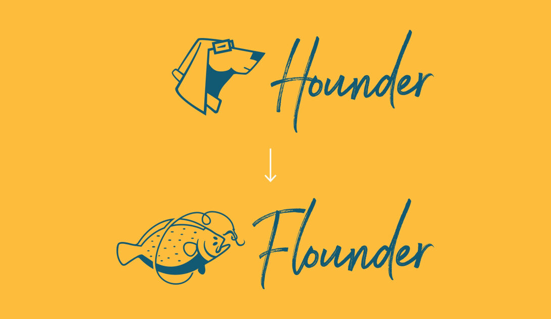 Illustration of "Hounder" with a dog image and "Flounder" with a fish image on a yellow background.
