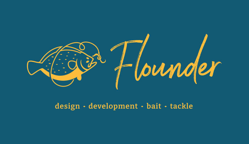 Yellow fish logo with "Flounder" text on blue background, highlighting design and development.
