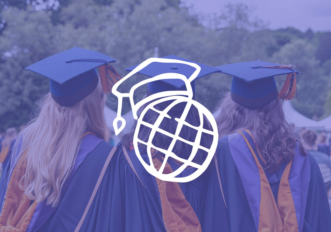 Graduates in caps and gowns with a globe icon overlay.