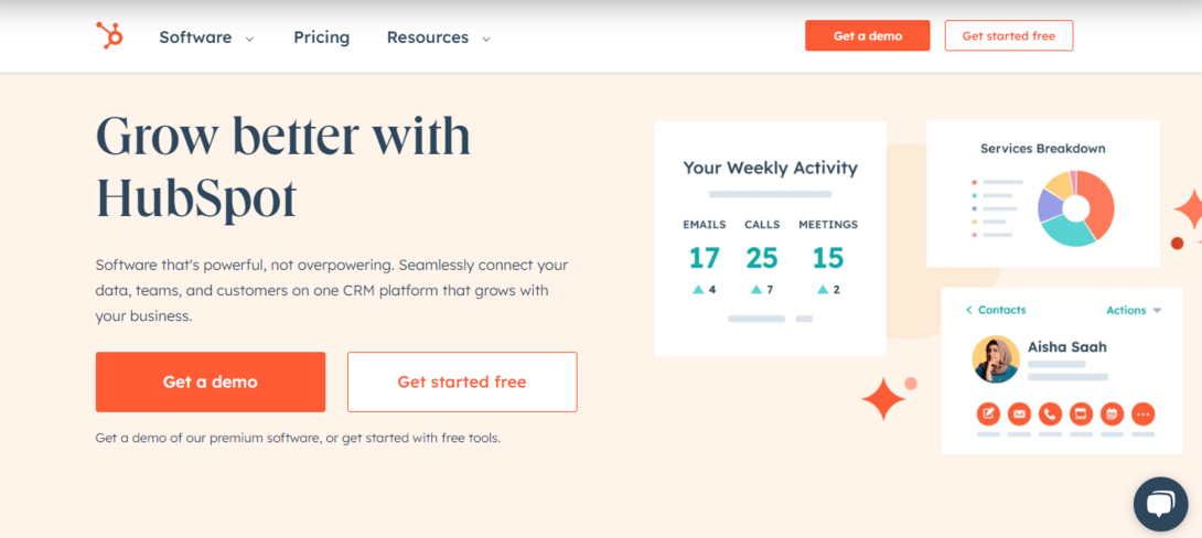 HubSpot CRM platform featuring demo and activity tracking options.
