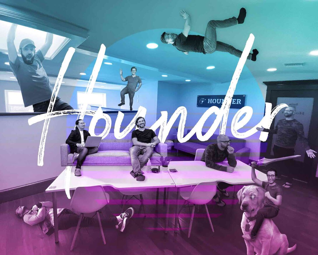 Creative office scene with floating people and giant dog in a colorful room with "Hounder" text overlay.
