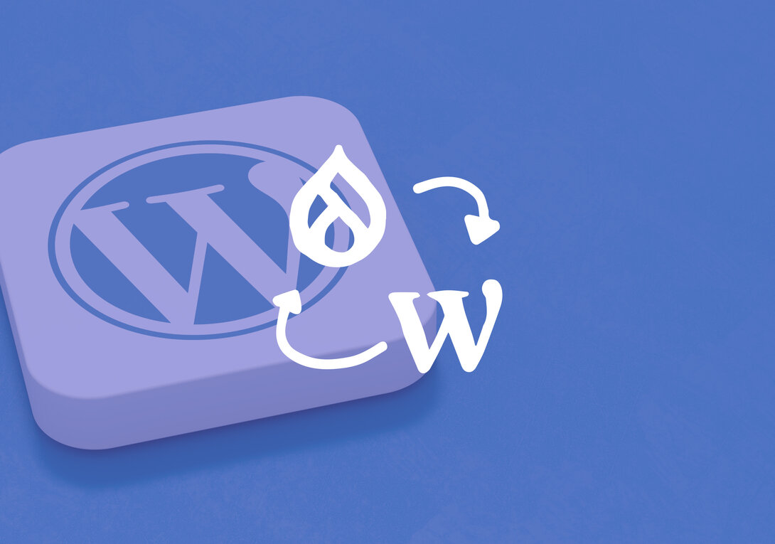 WordPress and Drupal logos on a blue background with arrows.