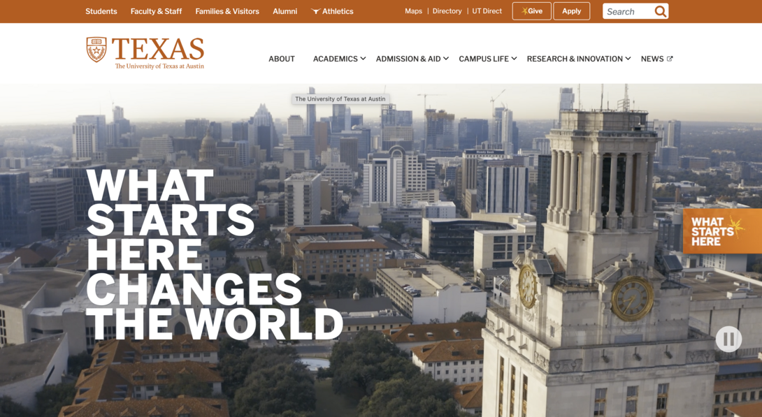 University of Texas at Austin campus view with tower and city skyline.