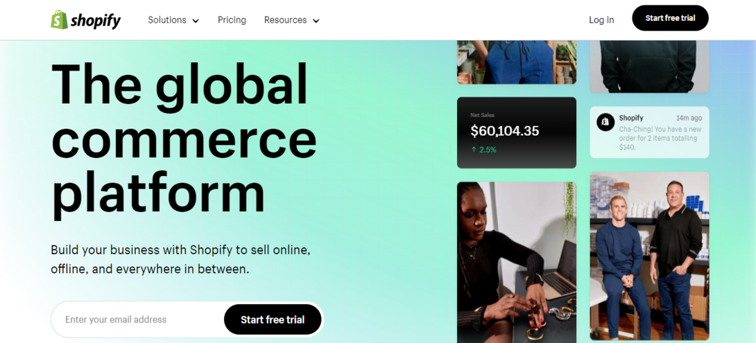 "Shopify global commerce platform homepage with sales data and user interface."