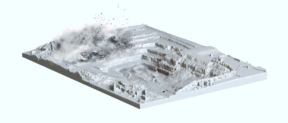 Animated 3D model of a quarry blast simulation with debris and dust clouds.