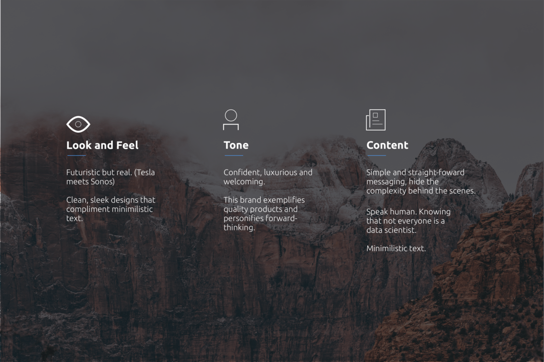 Brand style guide with focus on look, tone, and content against a mountain background.