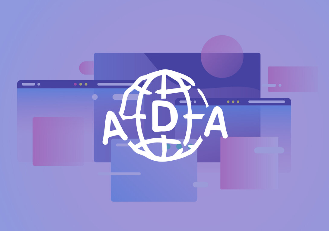 Abstract ADA compliance illustration with web design elements.