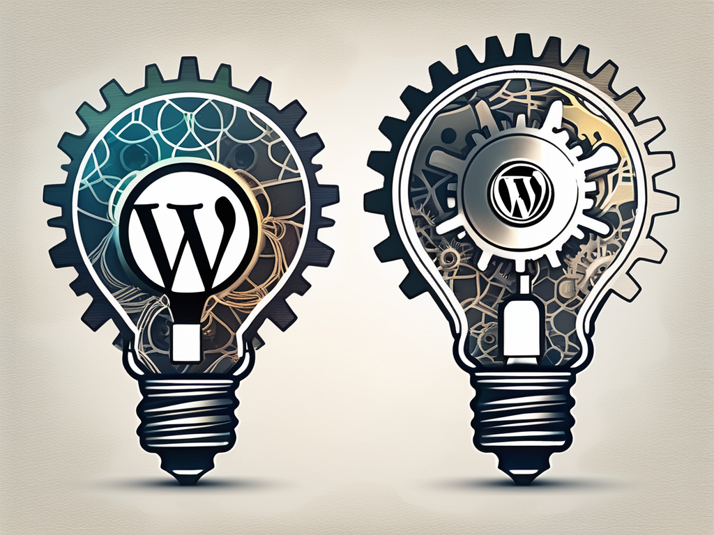 Two lightbulbs with WordPress logos and gears symbolizing innovation.